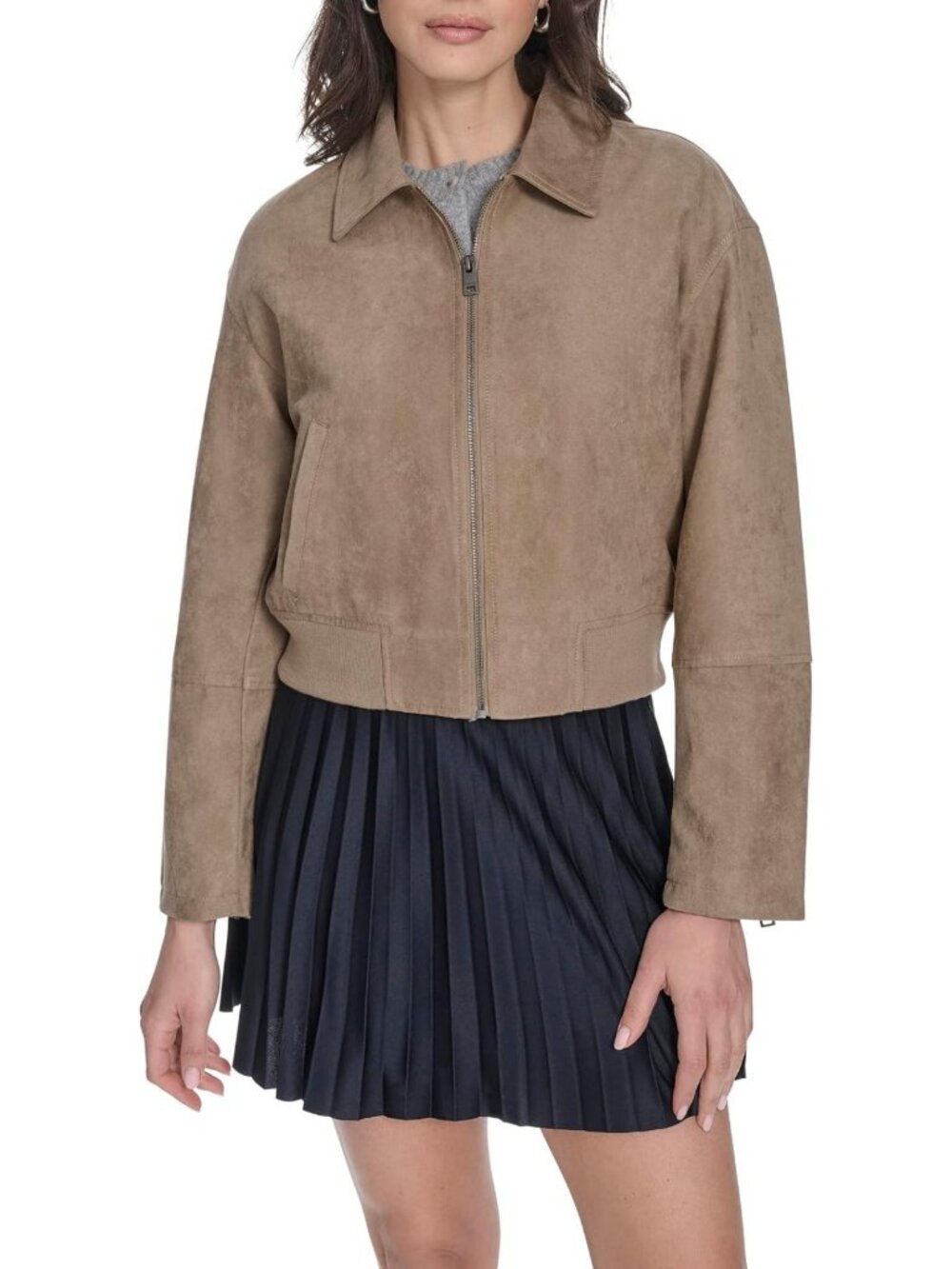 Chic Women's Faux Leather Bomber Jacket with Laydown Collar - Trendy Outerwear